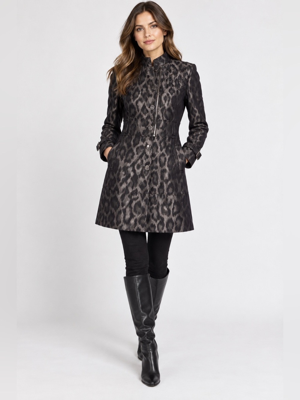 Karen Millen ($680) Women's Black Leopard Jacquard A-Line Coat